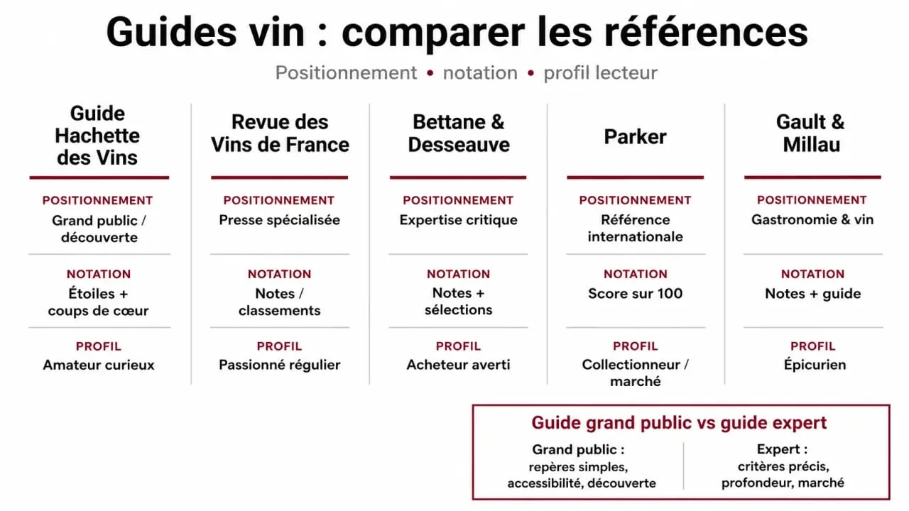 Guide vin comparatif des grandes références, avec systèmes de notation et profils de lecteurs