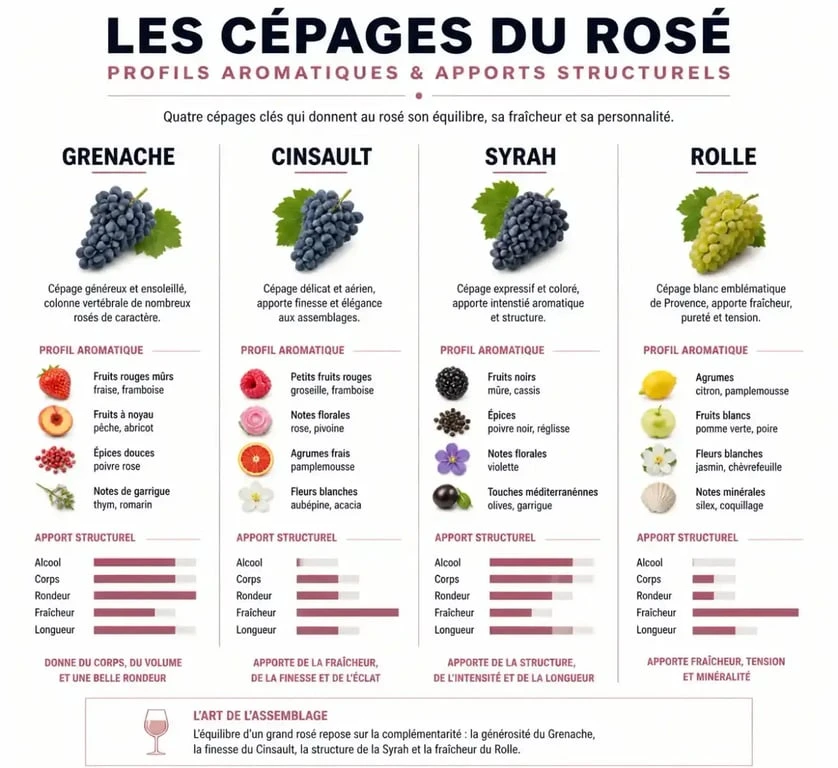 Infographie comparative des cépages utilisés pour les vins rosés