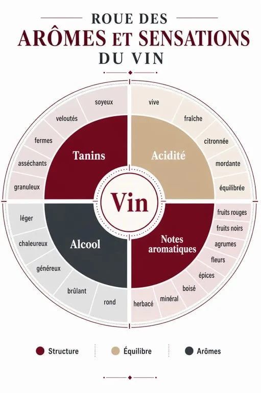 Infographie des sensations et arômes pour apprendre le vin