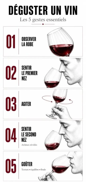Infographie des 5 étapes pour apprendre le vin et la dégustation