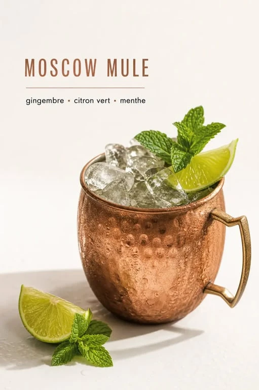 Recette Moscow Mule servie dans une tasse en cuivre avec citron vert et menthe