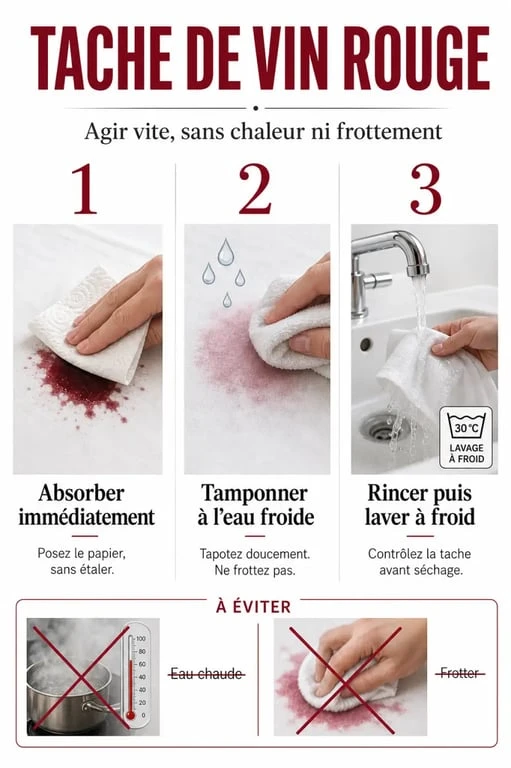 Comment enlever des taches de vin rouge : gestes pour absorber, tamponner et rincer une tache sur un textile
