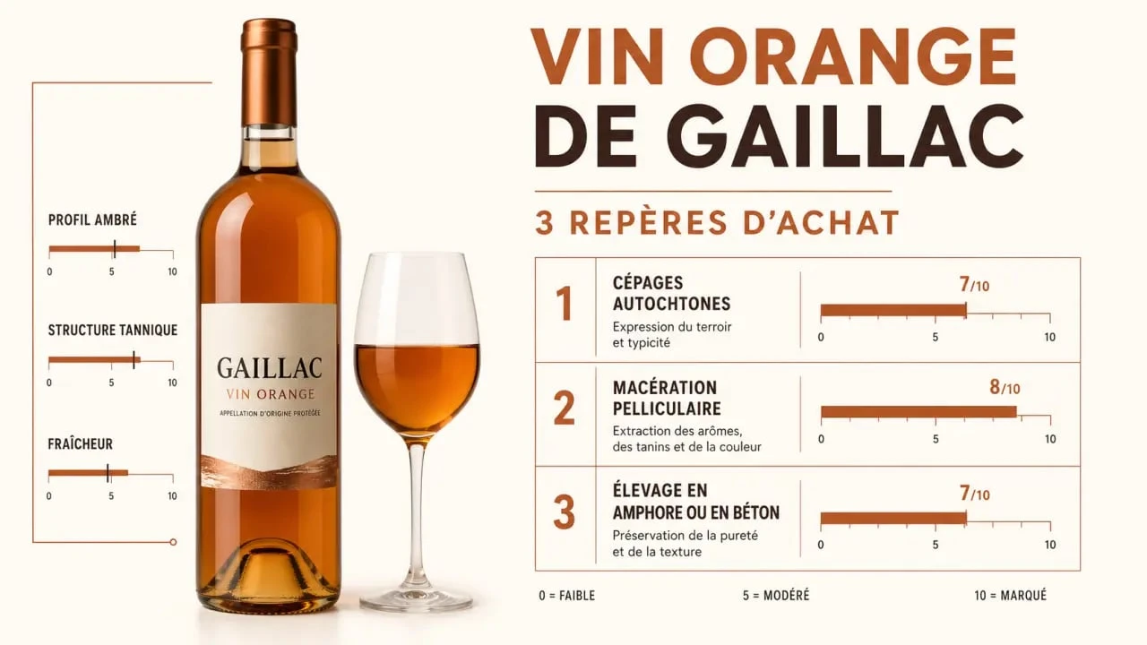 Infographie vin orange gaillac : cépages, macération et élevage pour choisir une bouteille