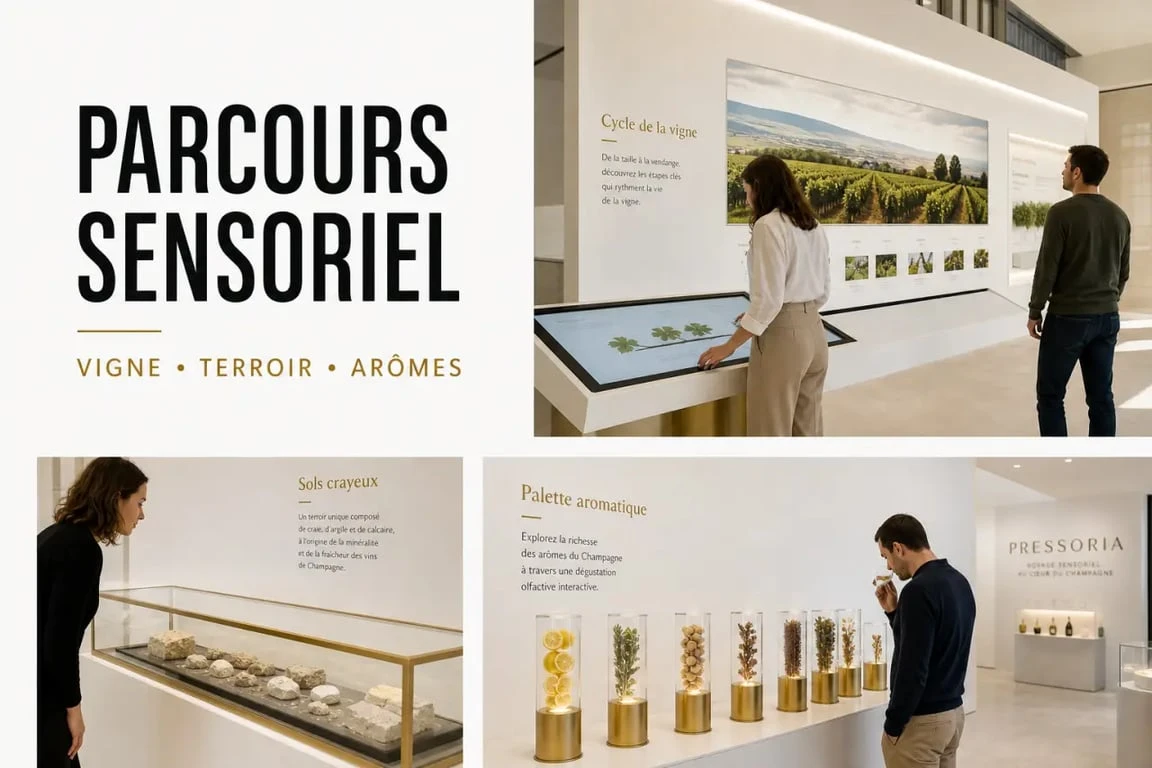 Pressoria voyage sensoriel au coeur du champagne, expérience immersive intérieure et parcours interactif