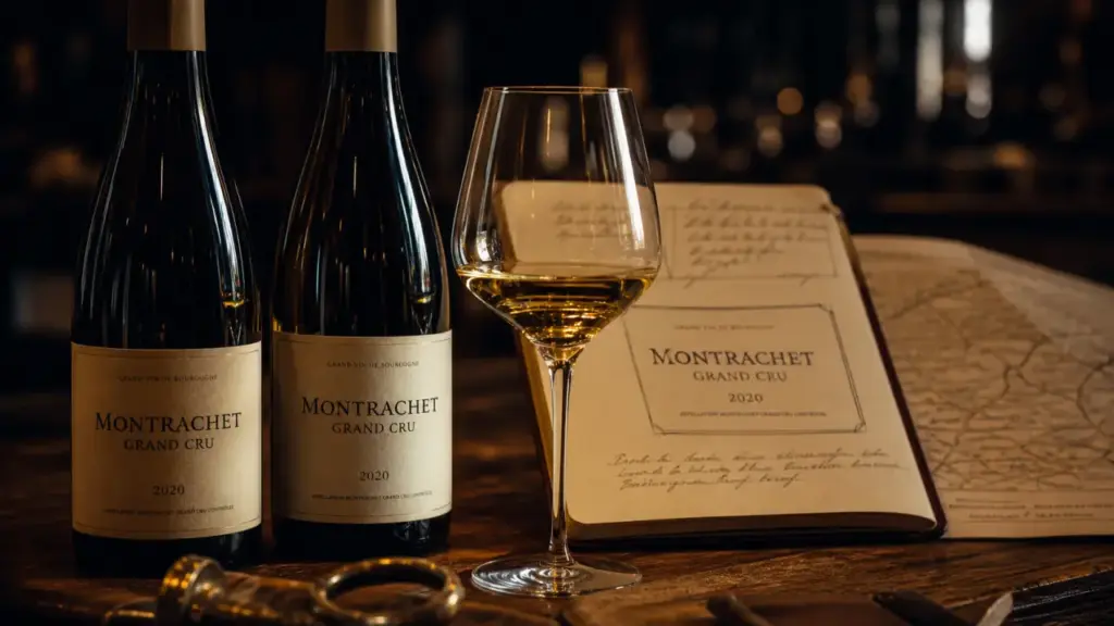 Grands crus Montrachet : bouteilles et verre de chardonnay doré