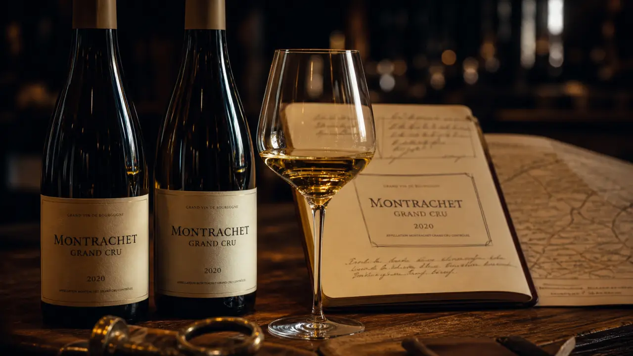 Grands crus Montrachet : bouteilles et verre de chardonnay doré