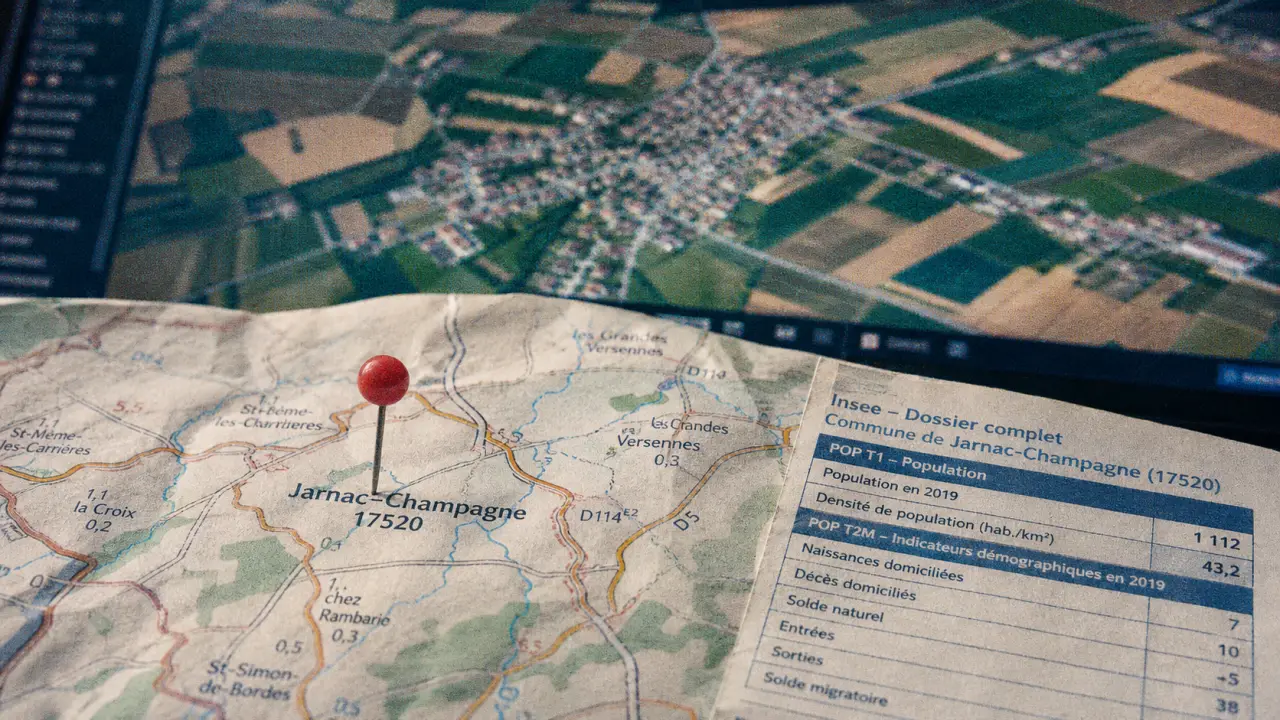 Carte IGN de Jarnac Champagne et chiffres Insee 2023
