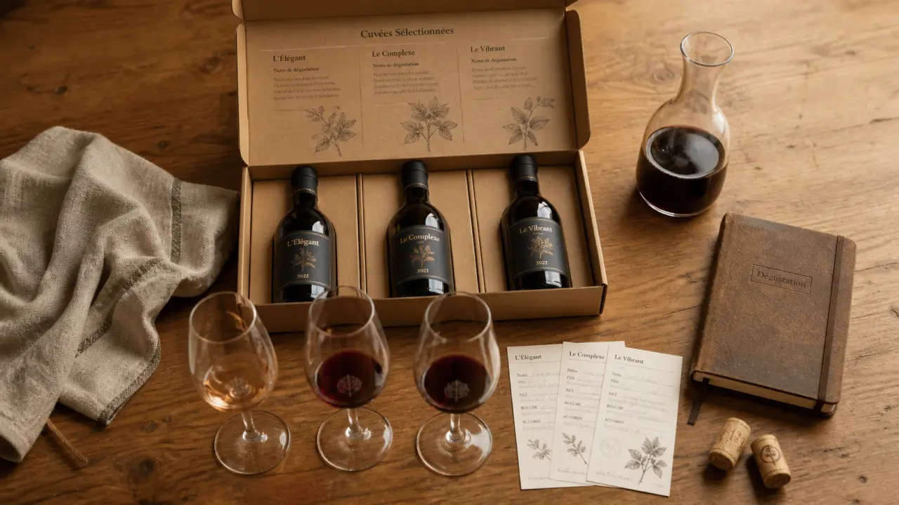 Kit dégustation vin : coffret découverte sur table en bois