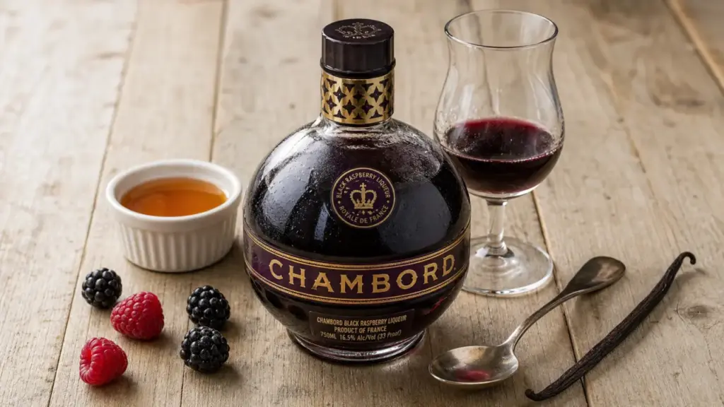 Liqueur de chambord : framboise royale, verre tulipe et framboises
