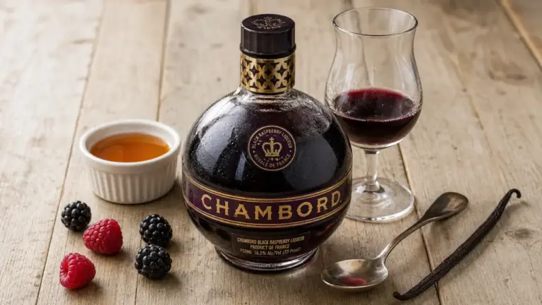 Liqueur de chambord : framboise royale, verre tulipe et framboises