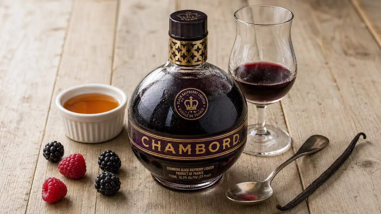 Liqueur de chambord : framboise royale, verre tulipe et framboises