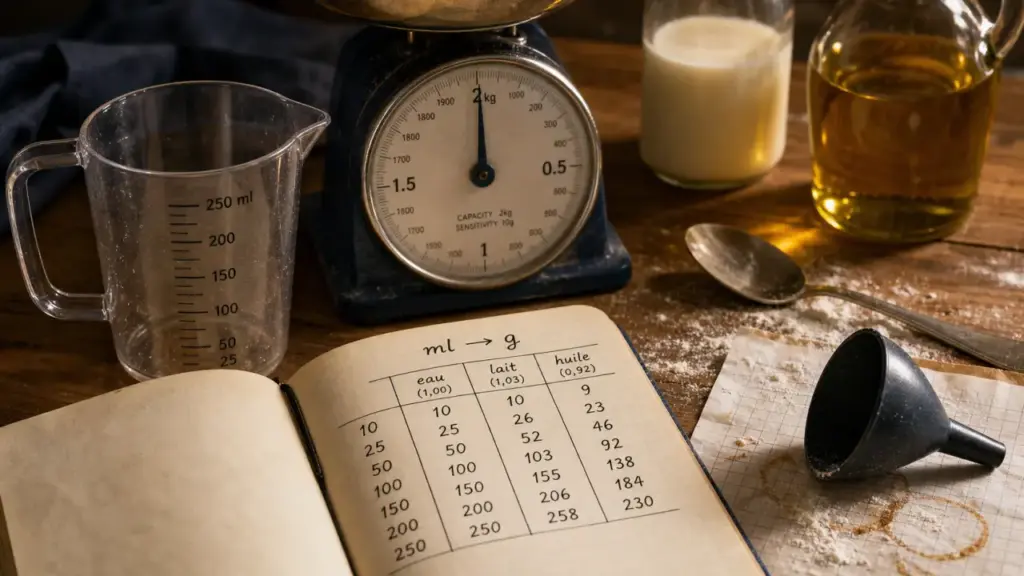 Ml en g : densité eau, huile et farine (verre doseur et balance)