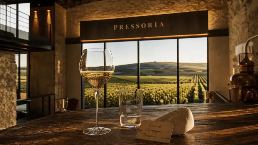 Pressoria voyage sensoriel au coeur du champagne : salle presse patrimoniale et verre de dégustation