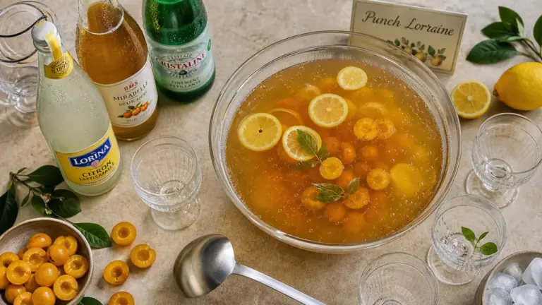 Punch lorrain aux mirabelles et citron, prêt à servir, bulles visibles.