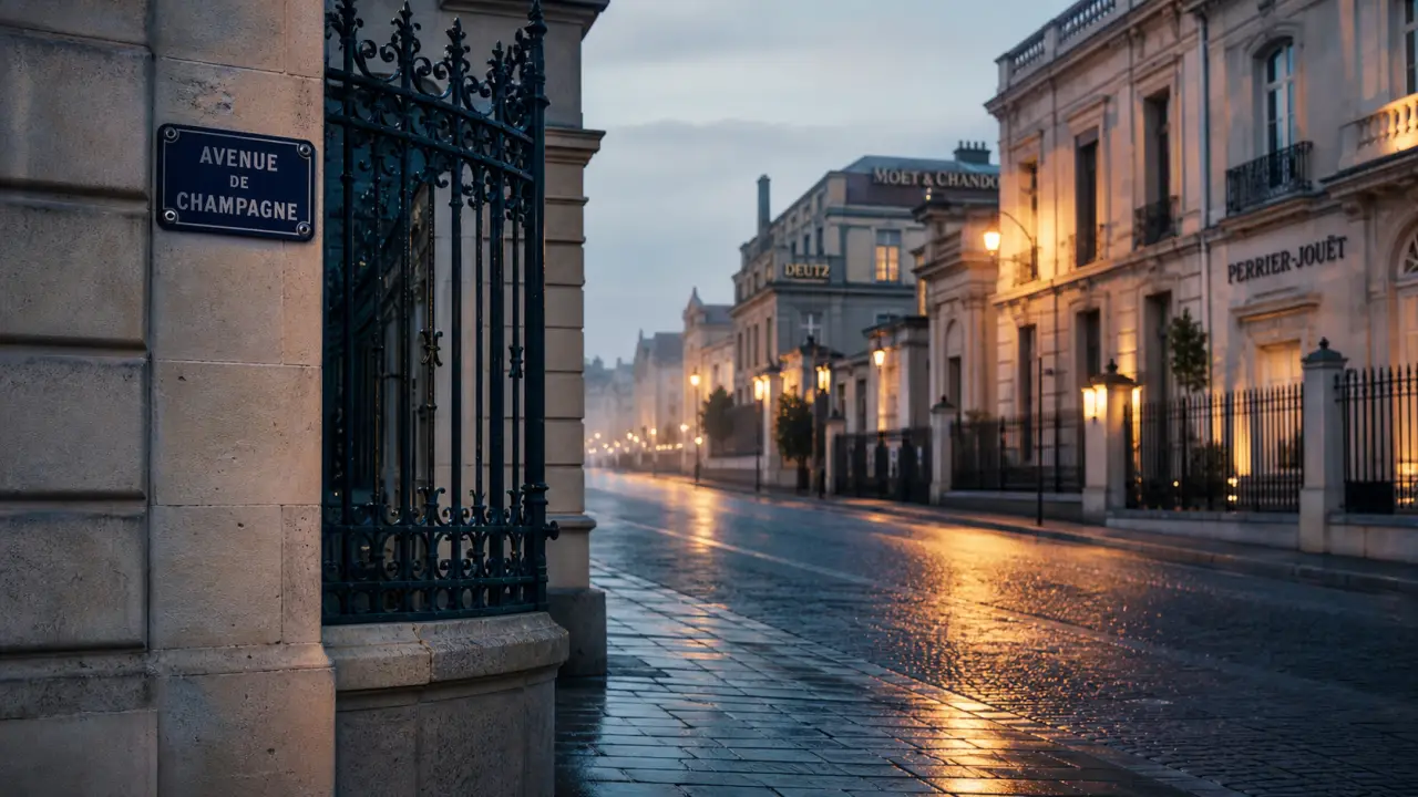 Rue de champagne à Épernay : avenue et façades de maisons de champagne