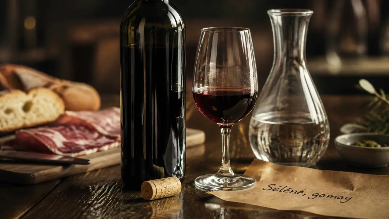 Selene vin nature gamay frais, verre tulipe et table en bois