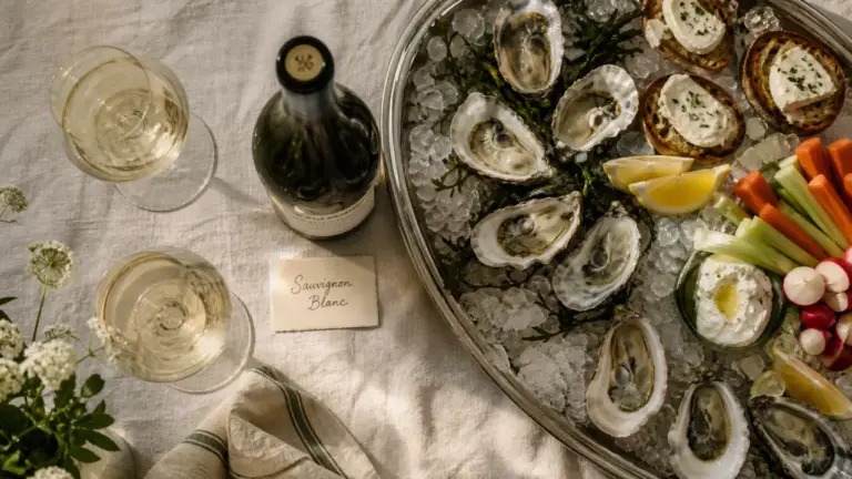 Vin blanc sec apéro : bouteille et verres avec huîtres et citron