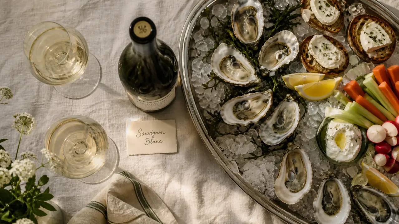 Vin blanc sec apéro : bouteille et verres avec huîtres et citron