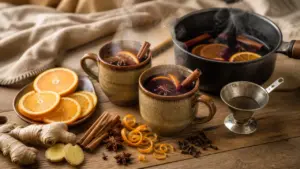 Vin chaud recette, mugs fumants et zestes d’orange, cannelle