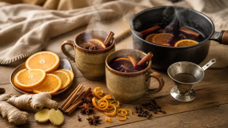 Vin chaud recette, mugs fumants et zestes d’orange, cannelle