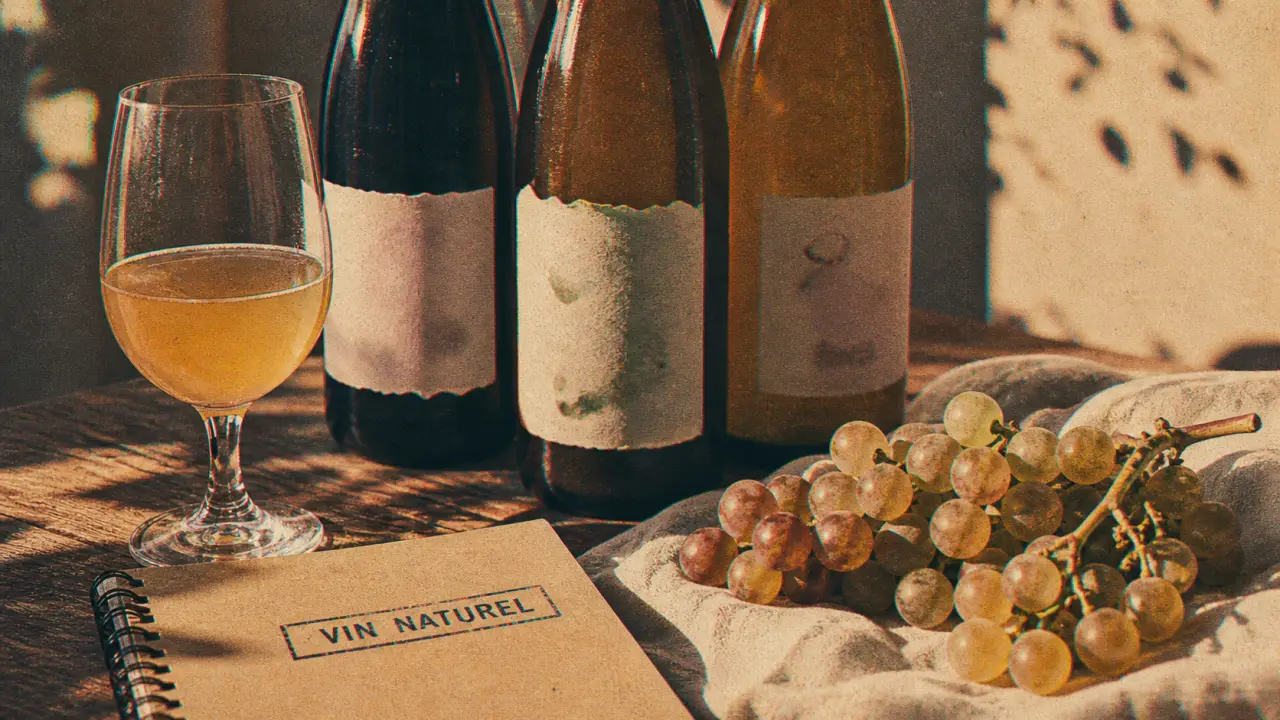Vin naturel gaillac : bouteilles floues et grappe de Mauzac