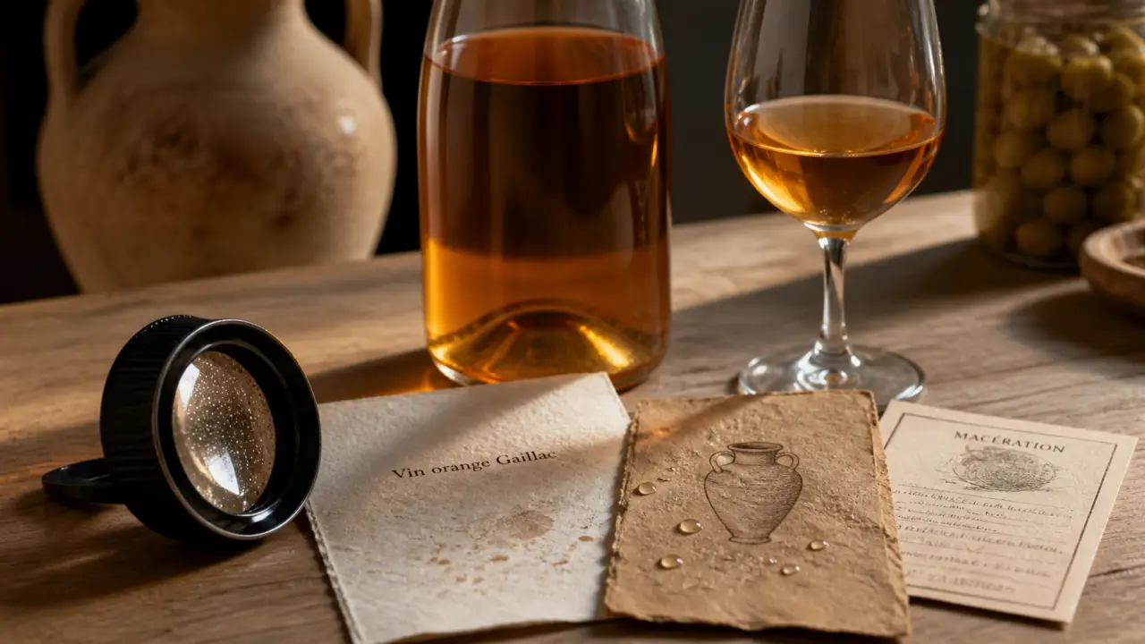 Vin orange gaillac : bouteille et verre amber, macération