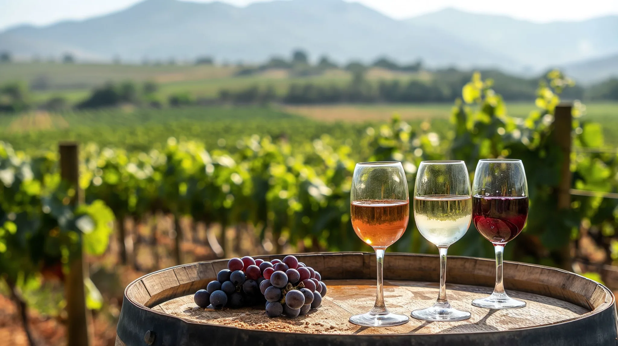 Trois verres de vin et une grappe de raisin devant un vignoble