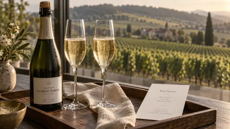 Champagne Drappier Pinot Noir : deux verres et bouteille de champagne sur plateau de chêne, vignoble en arrière-plan