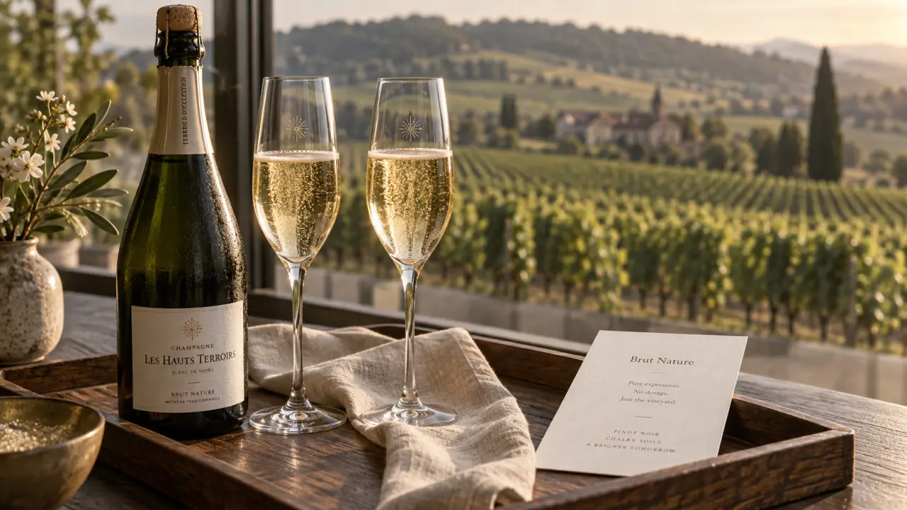 Champagne Drappier Pinot Noir : deux verres et bouteille de champagne sur plateau de chêne, vignoble en arrière-plan