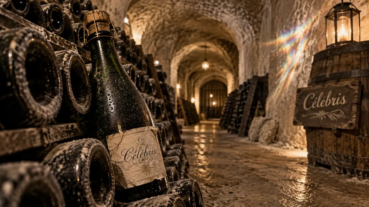 Champagne Gosset dans les caves d’Épernay, bouteilles en galeries de craie