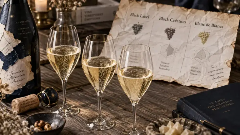 Champagne Lanson, verres et bulles fines sur table de dégustation