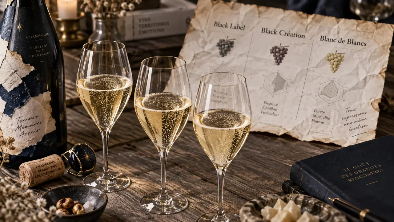 Champagne Lanson, verres et bulles fines sur table de dégustation