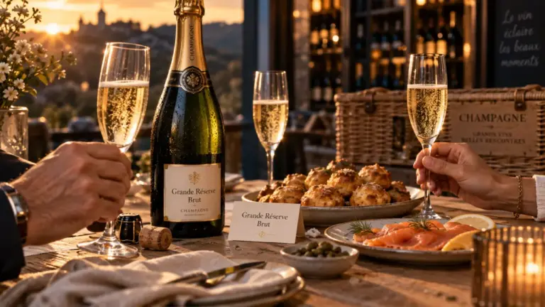 Champagne Nicolas Feuillatte brut, flûtes et effervescence sur table bois