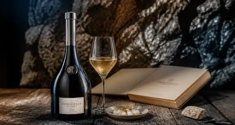 Champagne vranken demoiselle : bouteille sur table en bois, verre et dégustation