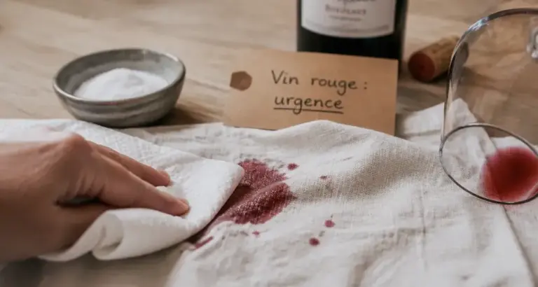 Détacher du vin rouge : serviette blanche qui tamponne une tache de vin rouge