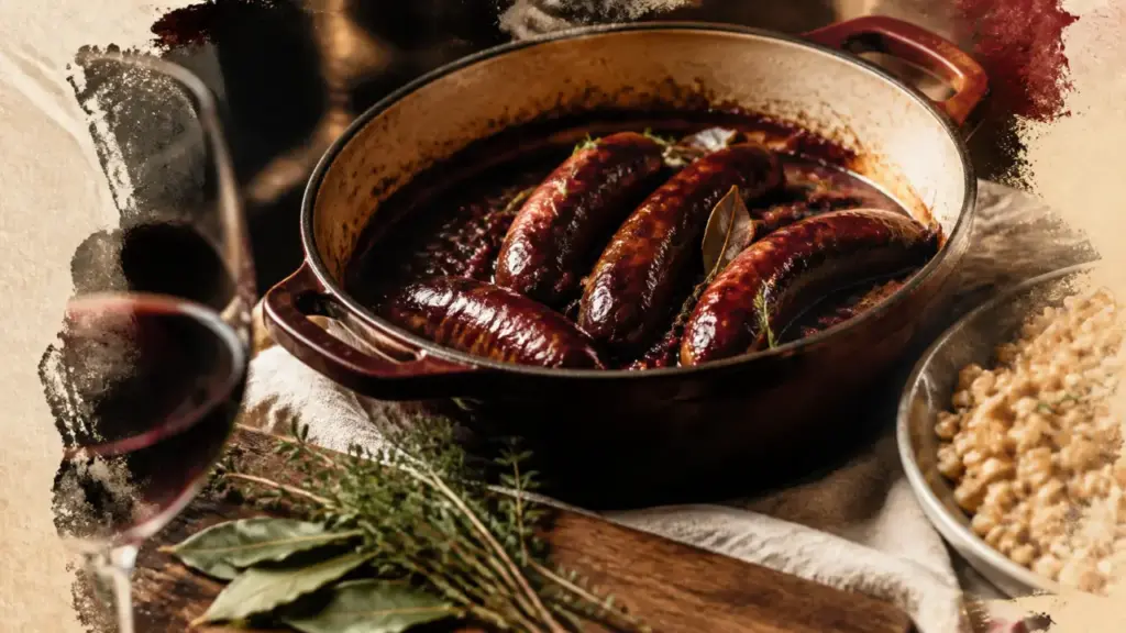 Diots au vin rouge, sauce nappante, cocotte en fonte