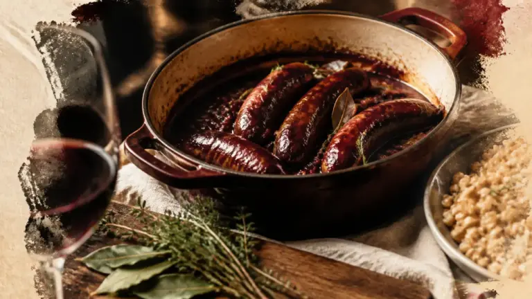 Diots au vin rouge, sauce nappante, cocotte en fonte