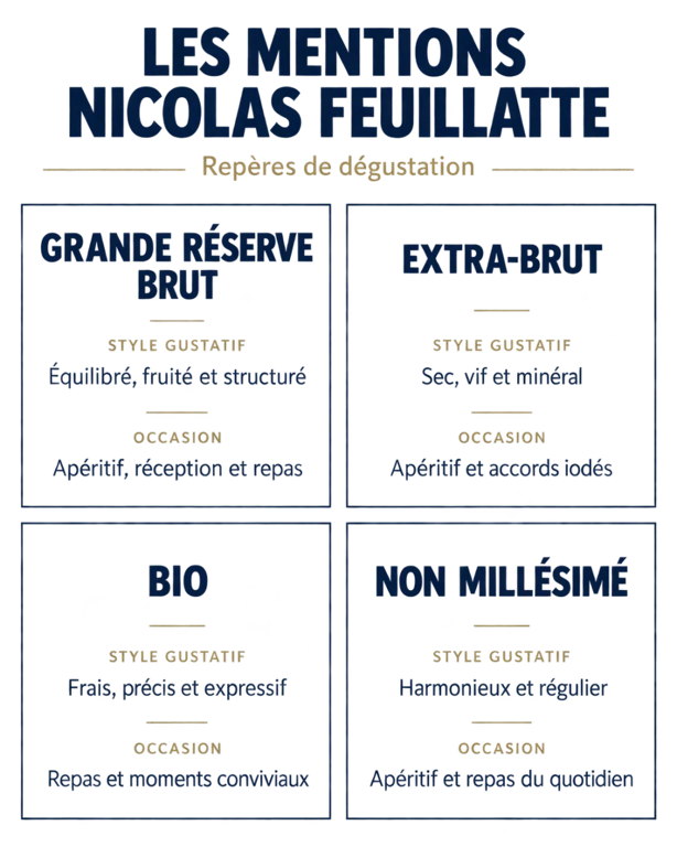 Infographie des cuvées et styles du champagne Nicolas Feuillatte