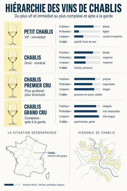 Infographie sur le chablis vin blanc et la hiérarchie Petit Chablis, Chablis, Premier Cru et Grand Cru