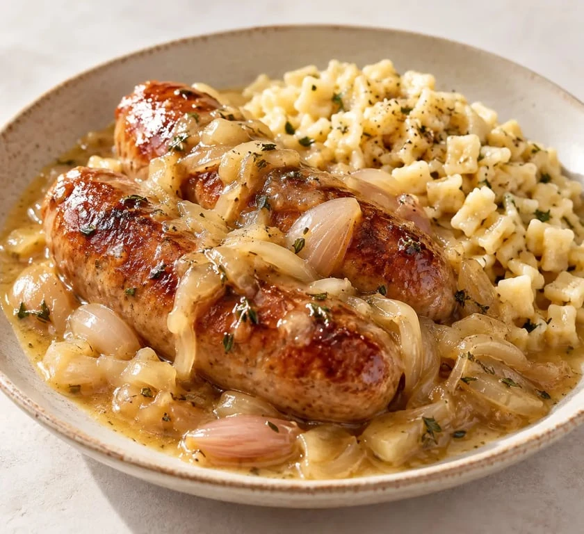 Diots au vin blanc servis avec des crozets et une sauce aux oignons