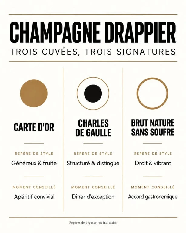 Infographie comparative des cuvées Champagne Drappier Carte d’Or, Charles de Gaulle et Brut Nature