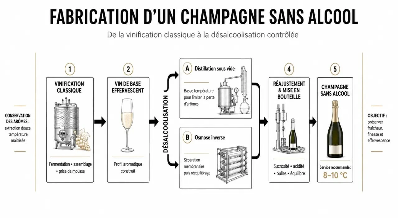 Champagne sans alcool : schéma de fabrication et de service