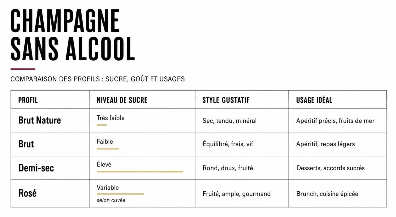 Champagne sans alcool : tableau comparatif des profils Brut Nature, Brut, Demi-sec et Rosé