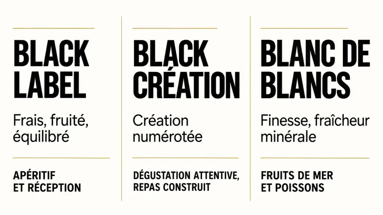 Infographie comparative des cuvées de champagne Lanson Black Label, Black Création et Blanc de Blancs