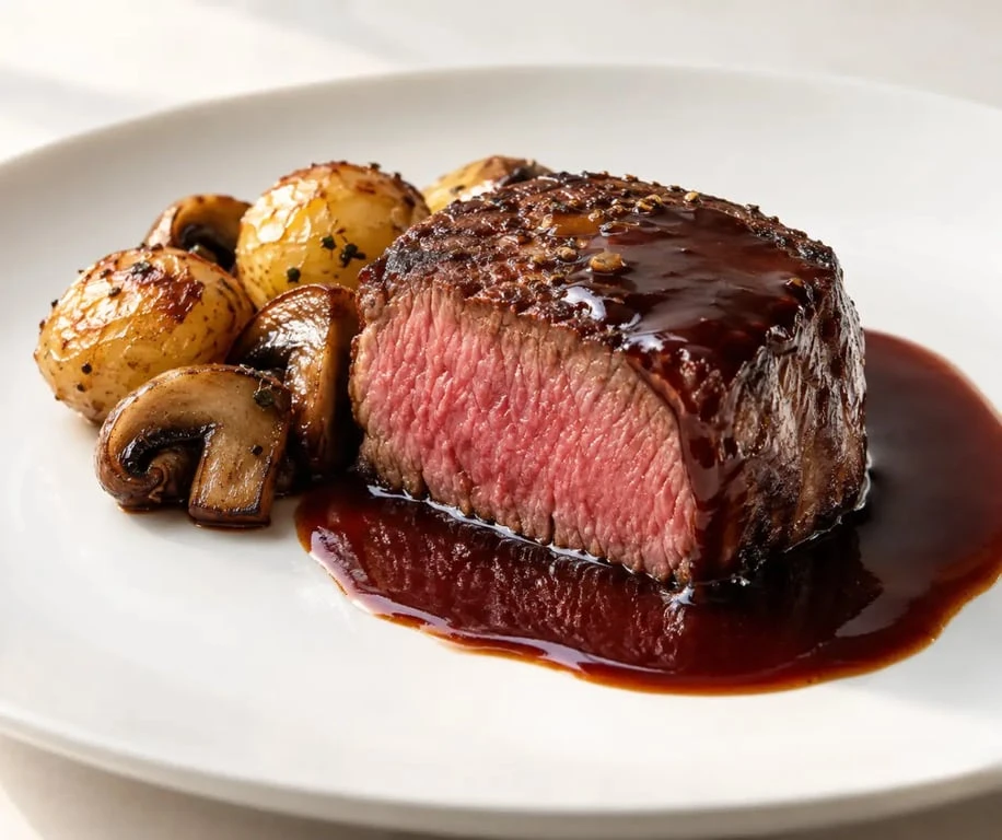 Sauce au vin rouge brillante servie avec un filet de bœuf, des pommes de terre et des champignons