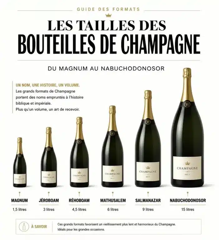 Comparaison visuelle des formats de bouteilles de Champagne Jacquart, du Magnum au Nabuchodonosor