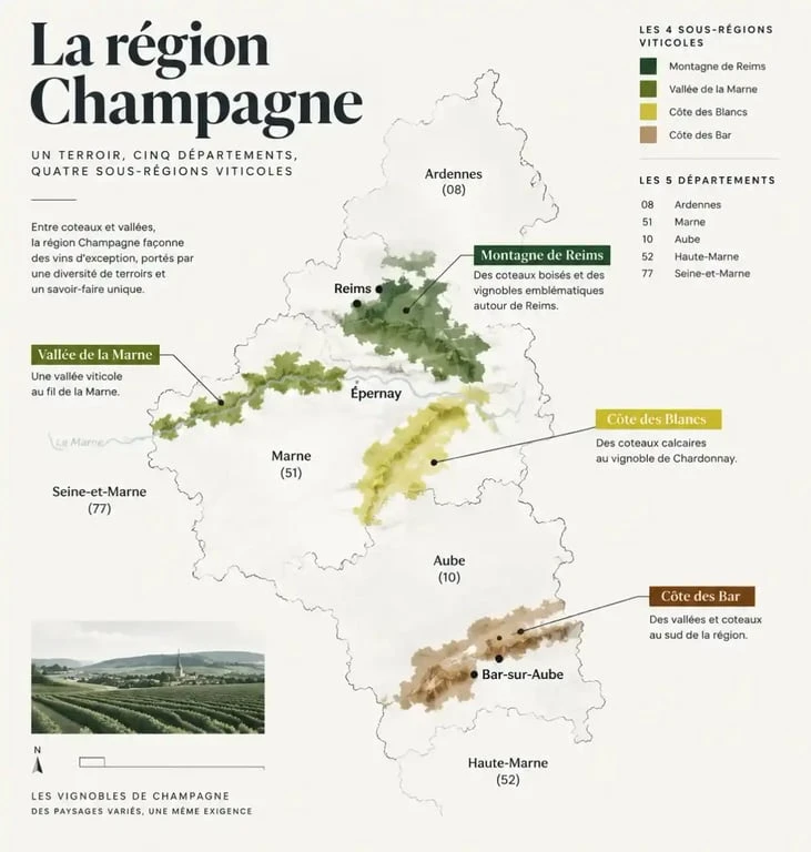 Carte de la région Champagne et de ses quatre sous-régions viticoles