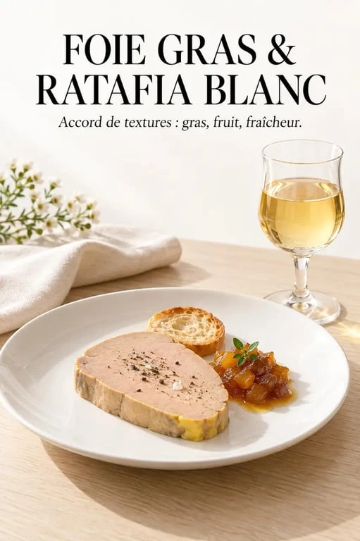 Accord ratafia de champagne et foie gras sur table dressée