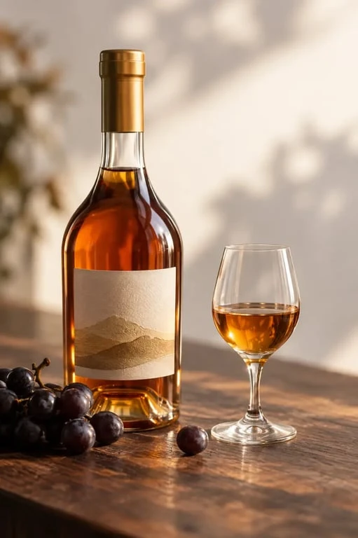 Verre de ratafia de champagne ambré servi à table avec grappe de raisin