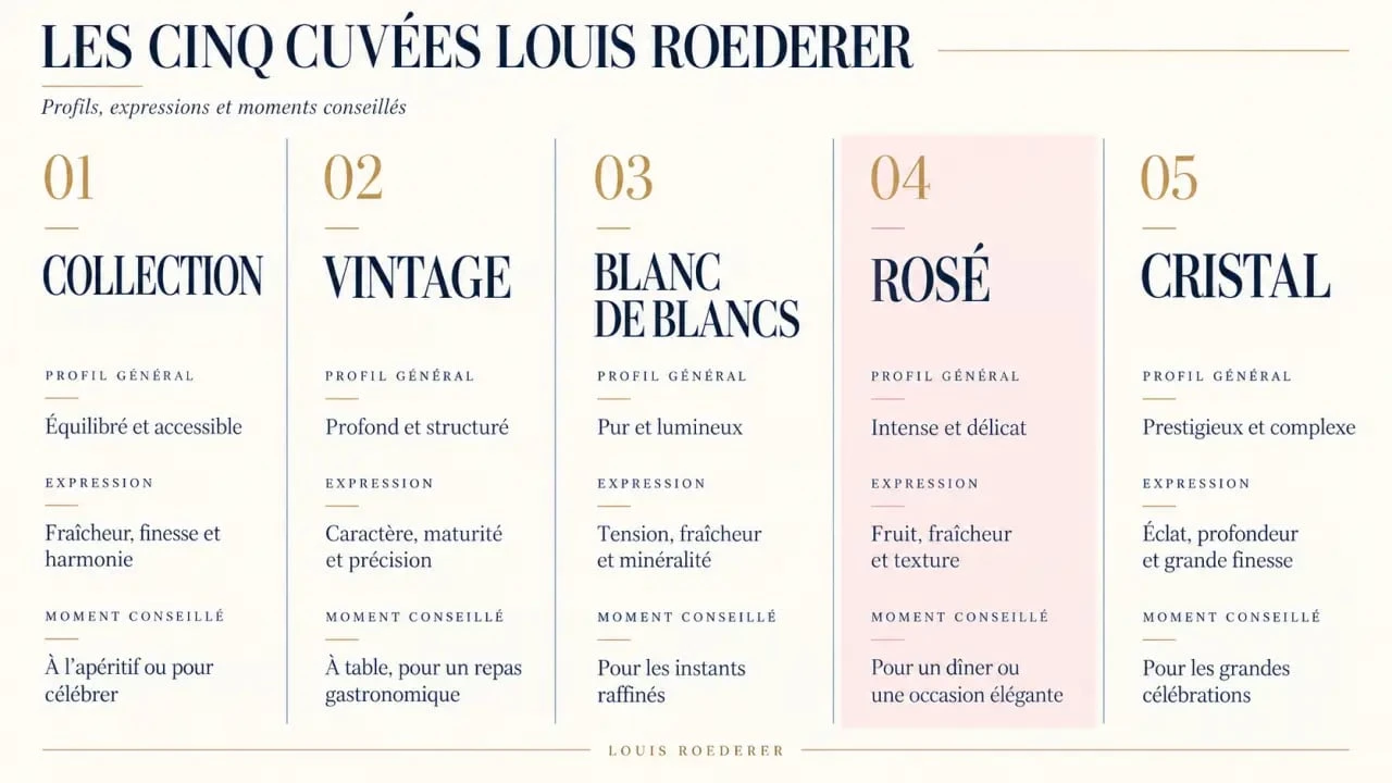 Infographie des cuvées de champagne Louis Roederer : Collection, Vintage, Blanc de Blancs, Rosé et Cristal
